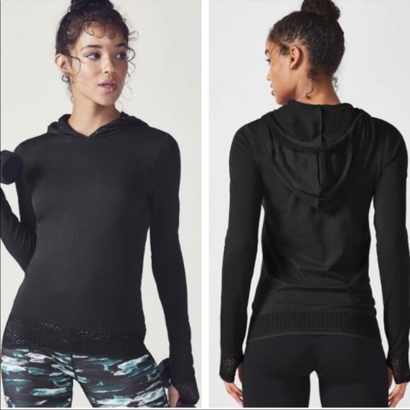 Fabletics Megan Seamless Pullover Mesh Long Sleeve Hoodie Top Black Size Medium - Picture 10 of 10